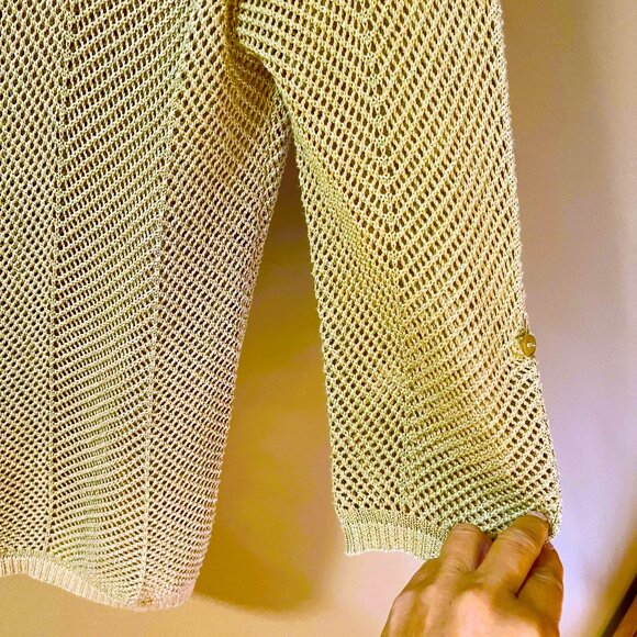 Chrochet like GOLD Sparkle lightweight all season sweater 3/4 sleeves Sz M EUC - Picture 3 of 6